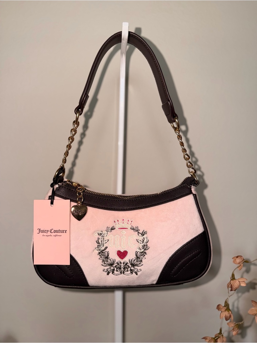 Juicy Couture Pink and Brown Embroidered Shoulder Bag with Heart Charm